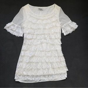 VTG Korean Mini Dress or Blouse White Embroidered Lace Princess Style Size XS S